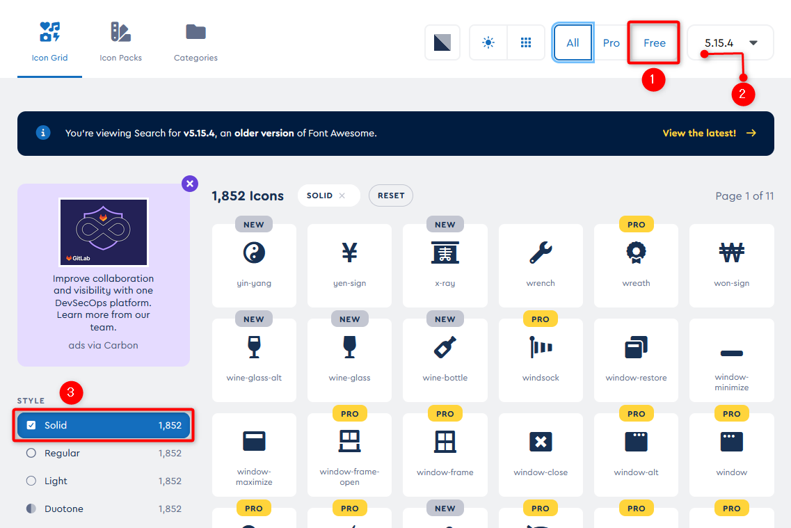 Font Awesome site search screen