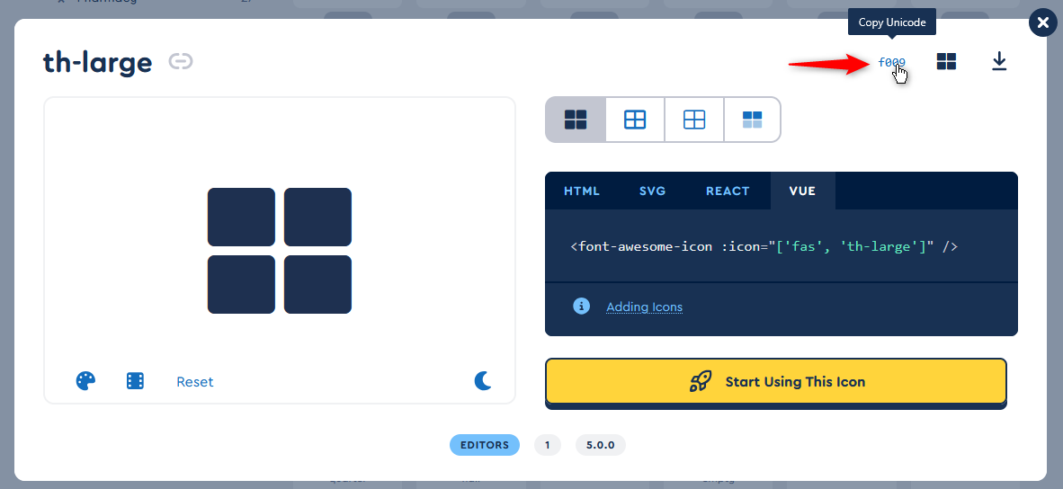 Copying the Unicode of Font Awesome 5