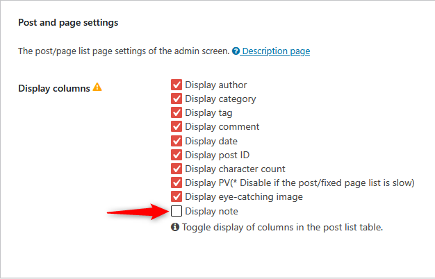 Cocoon settings Display note checkbox status