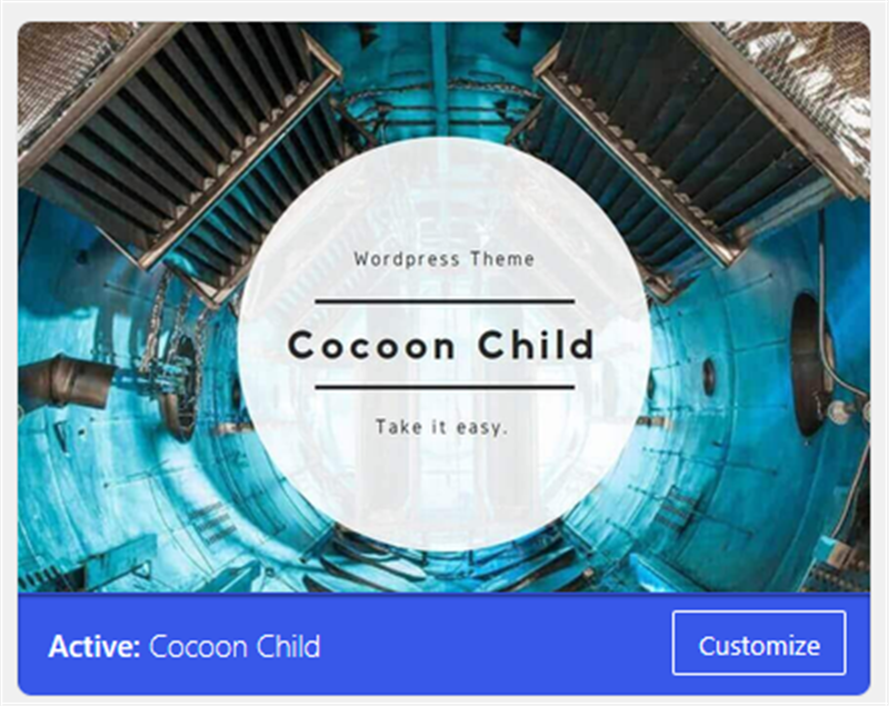WordPress dashboard screen showing the Cocoon child theme successfully activated