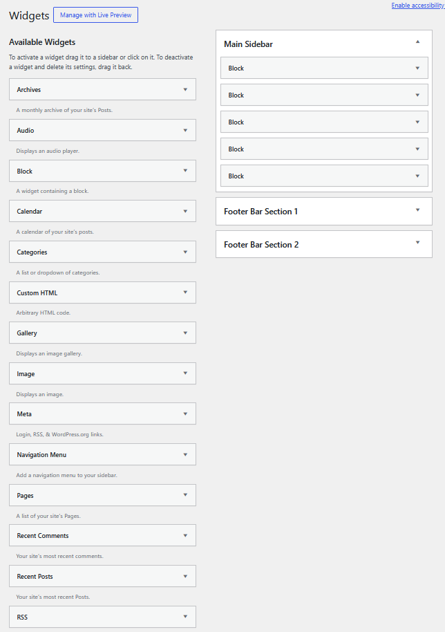 Available sidebar and footer widget areas in Astra free version