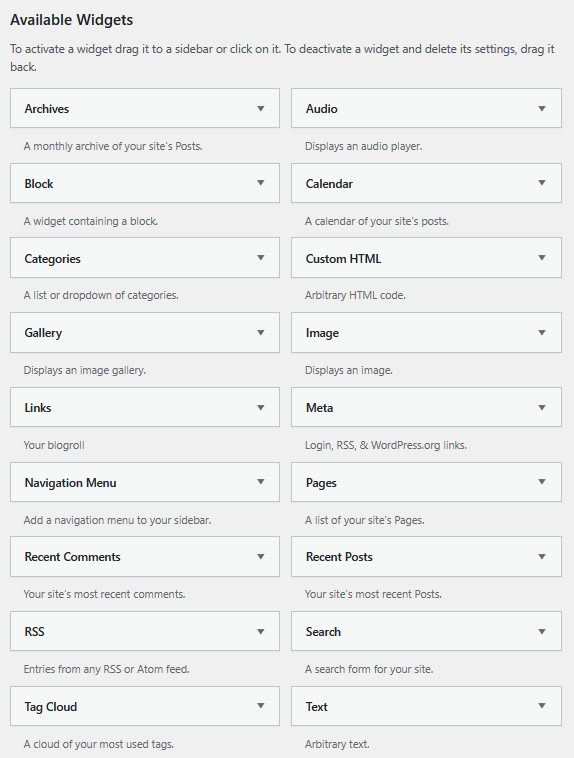Comprehensive list of standard widgets available in Cocoon theme