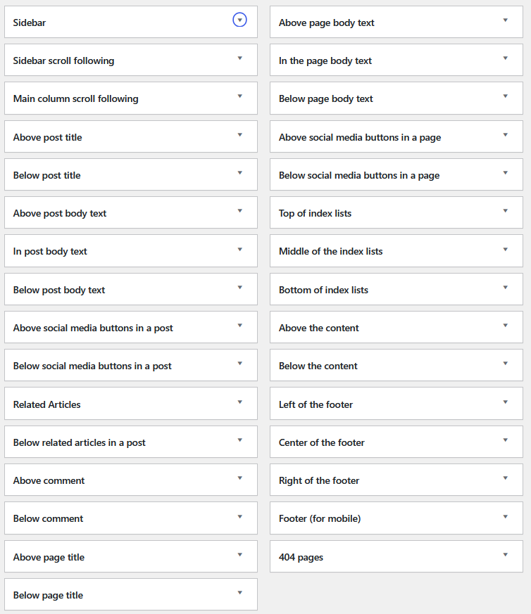 Grid of 35 distinct strategic widget insertion zones in Cocoon theme