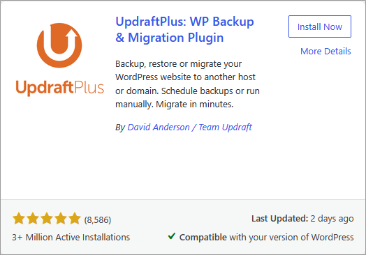 Install Now button for UpdraftPlus plugin