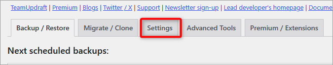 Tab menu on UpdraftPlus settings screen