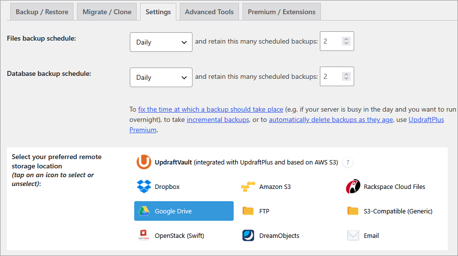 Google Drive selected in remote storage list