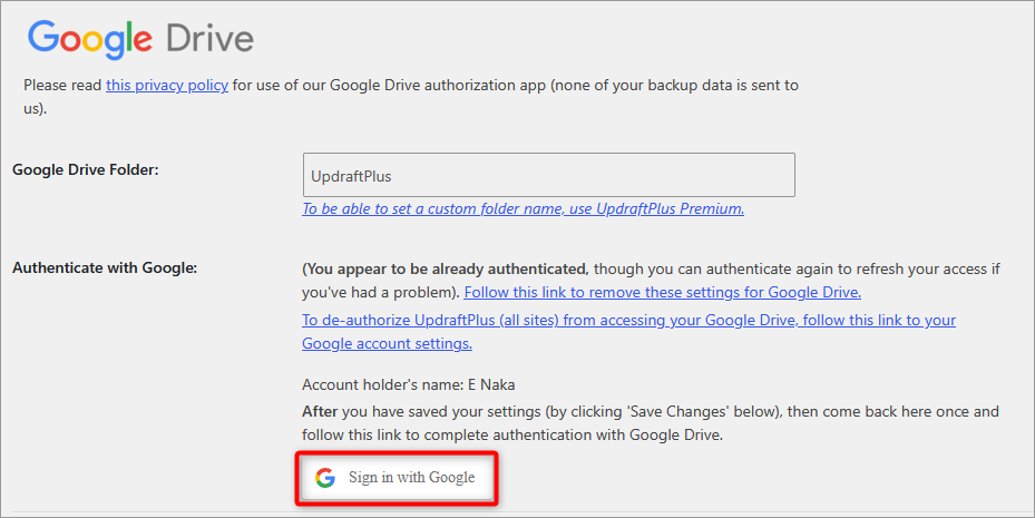 Sign in link for Google authentication