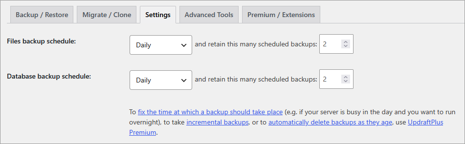Backup schedule configuration options