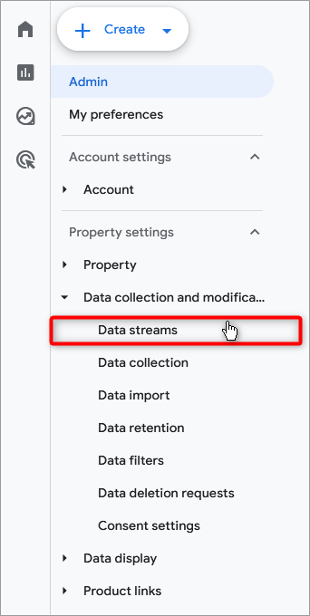 Data streams menu pointed out on the Analytics screen