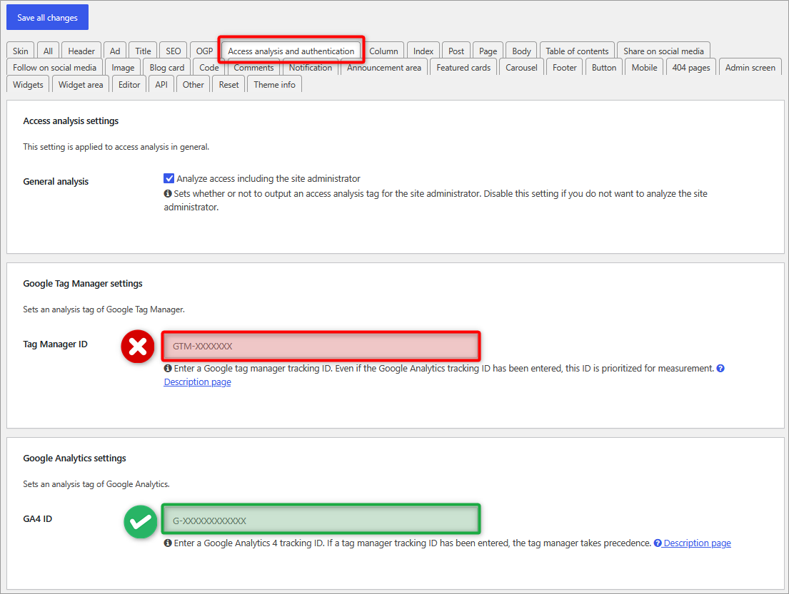 Content of the Access Analytics and Authentication tab in Cocoon settings