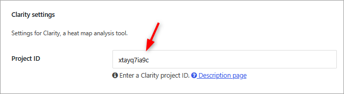 Pointing to the Clarity Project ID input field in Cocoon settings