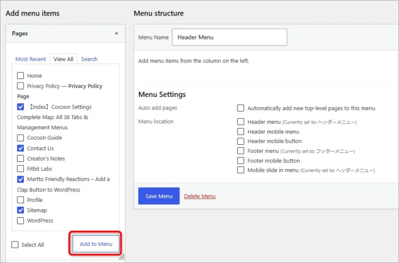 WordPress Add menu items screen
