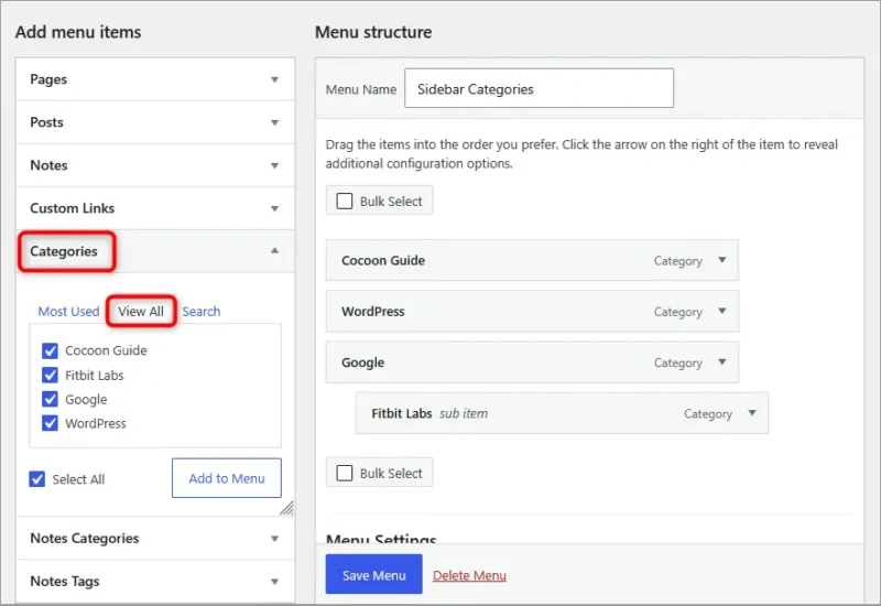 Adding and nesting categories inside the WordPress Menu editor