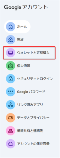 Googleアカウントのメニュー一覧画面