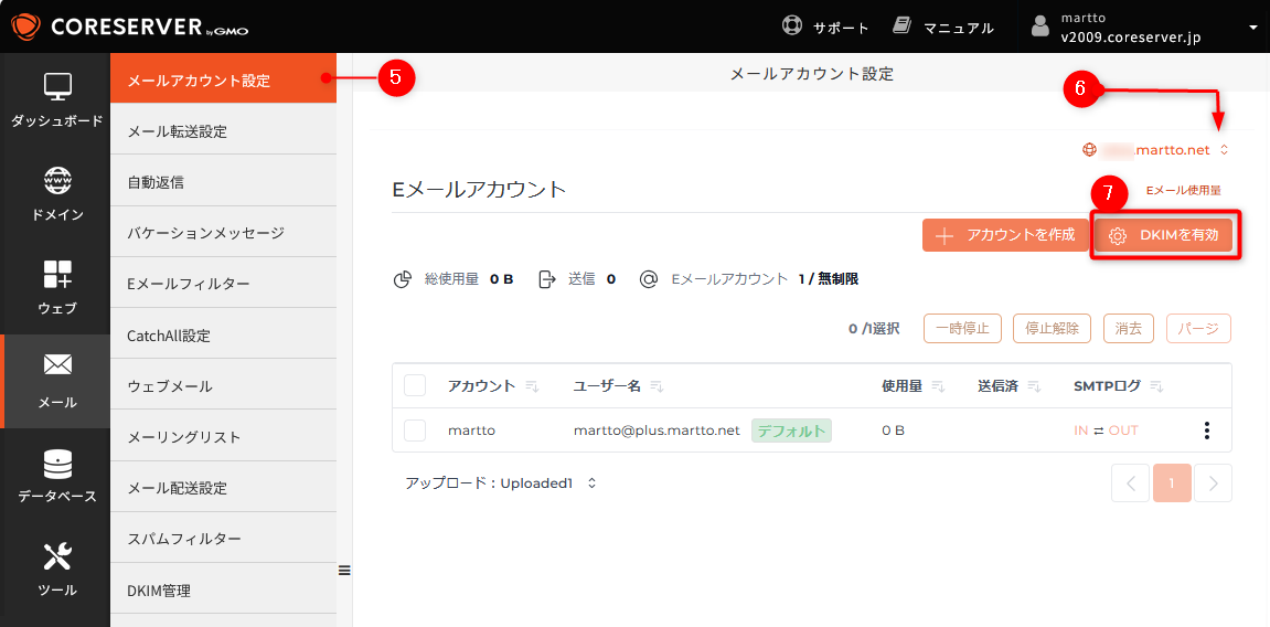 コアサーバーのコントロールパネル