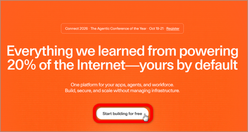 Cloudflare公式サイトの「Start building for free」ボタン