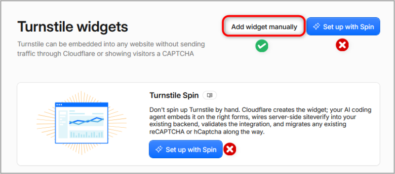 Cloudflare の「Add widget manually」ボタン