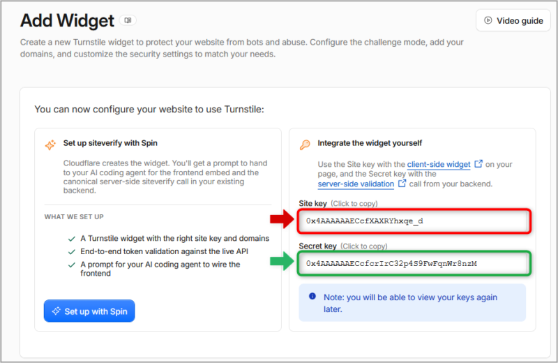 Cloudflare の「Site key」と「Secret key」のコピー画面